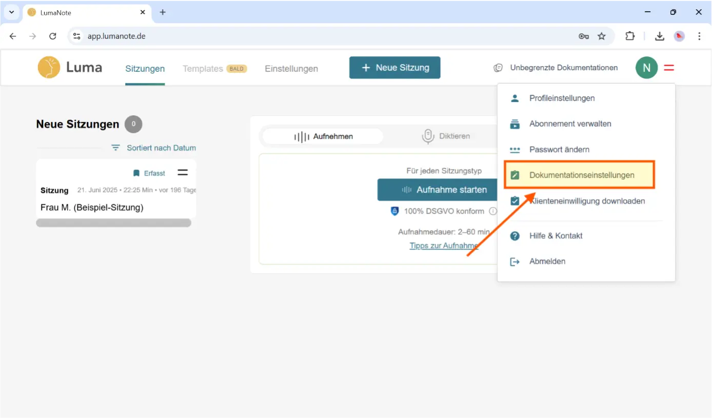 Dokumentationseinstellungen auswählen