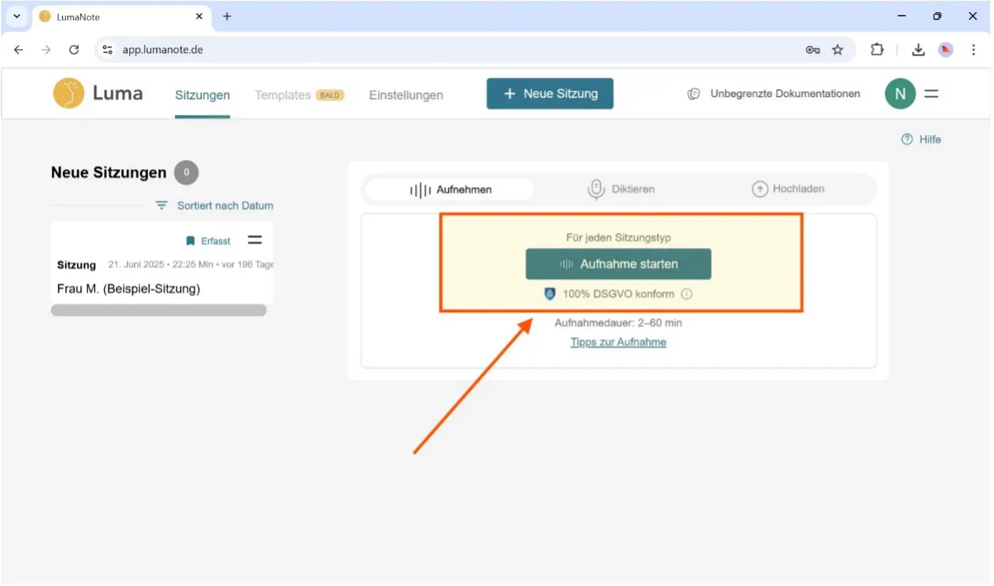 Aufnahme/Diktat/Audio starten