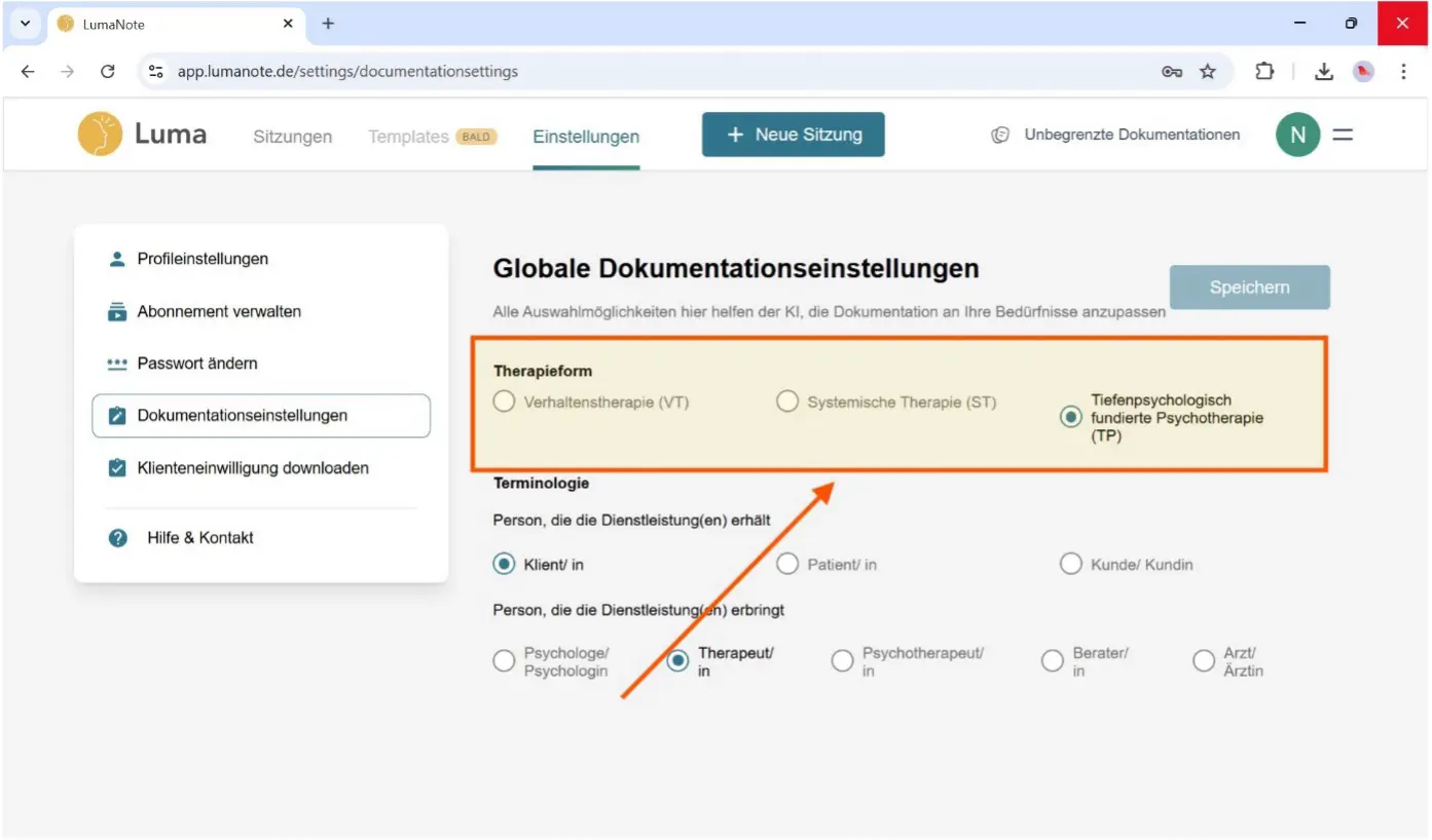 Therapieform und Bezeichnung auswählen