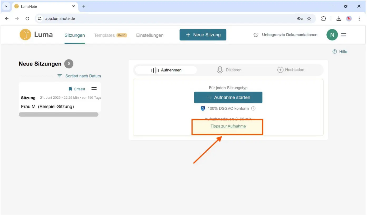 Aufnahme/Diktat/Audio starten